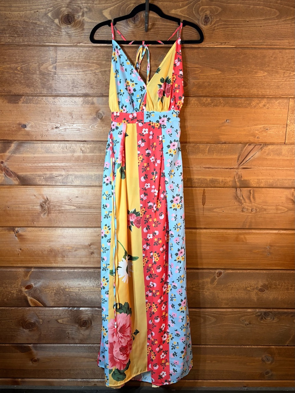 Parisian Works Floral Colorblock Maxi Dress - Yellow, Coral & Light Blue